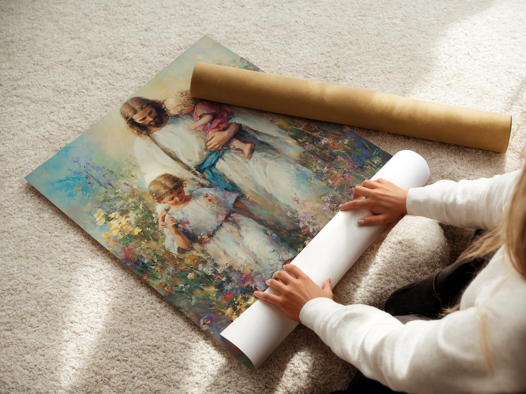 A woman is carefully rolling a fine art poster paper. The fine art poster paper ensures high-quality prints. The poster paper preserves the artwork's details. Ideal for art enthusiasts who appreciate quality. Get your favorite artwork printed on premium paper.
