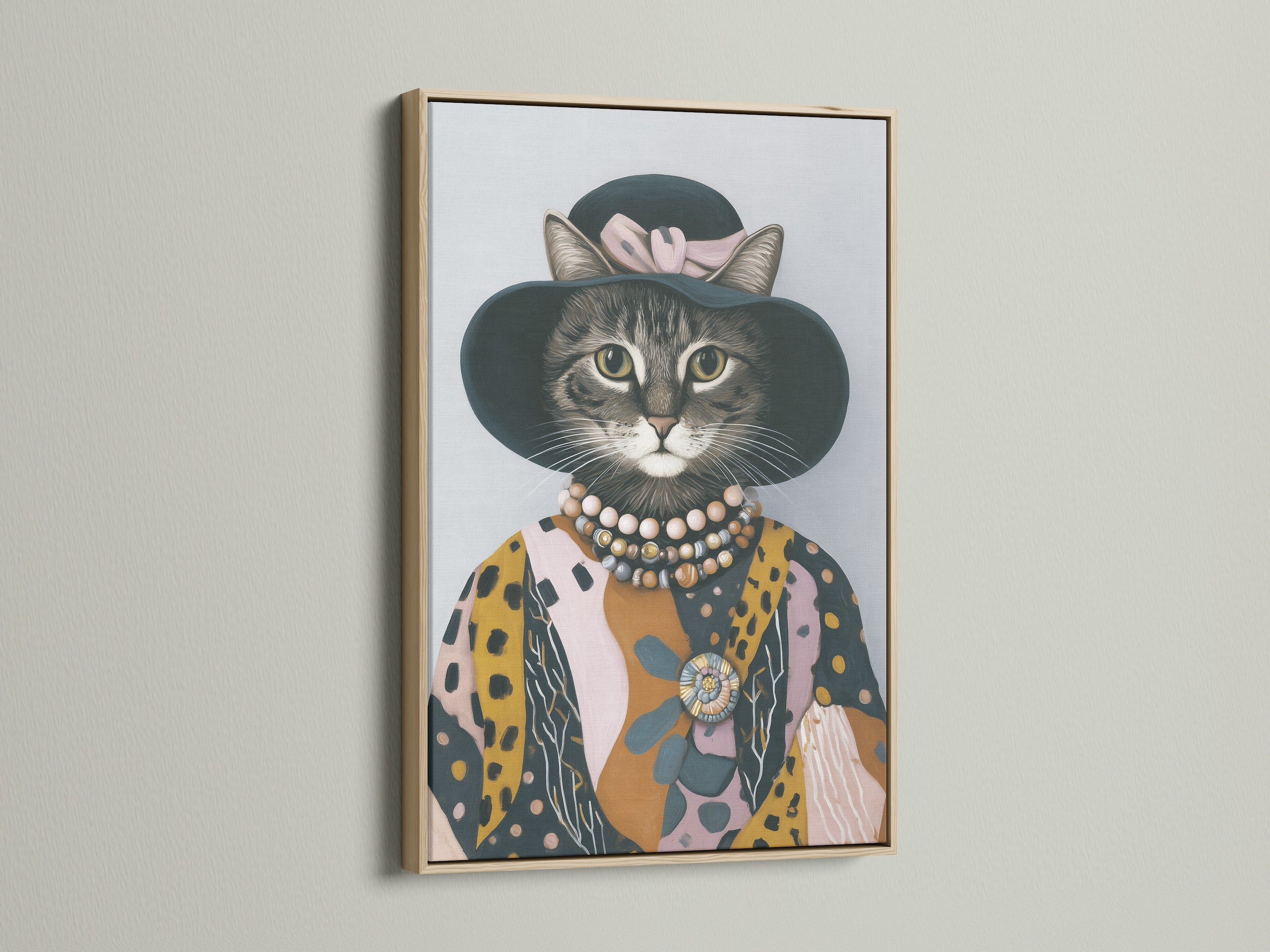 Vintage cat portrait in an oak frame. This dressed cat print adds quirky charm to any room. Ideal animal portrait art for cat lovers. Elevate your space with this vintage animal art.