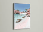 Pink Sand Beach artwork with a white frame. This seascape art adds a fresh coastal touch. The white frame complements the turquoise ocean photography. Perfect beachy wall decor.