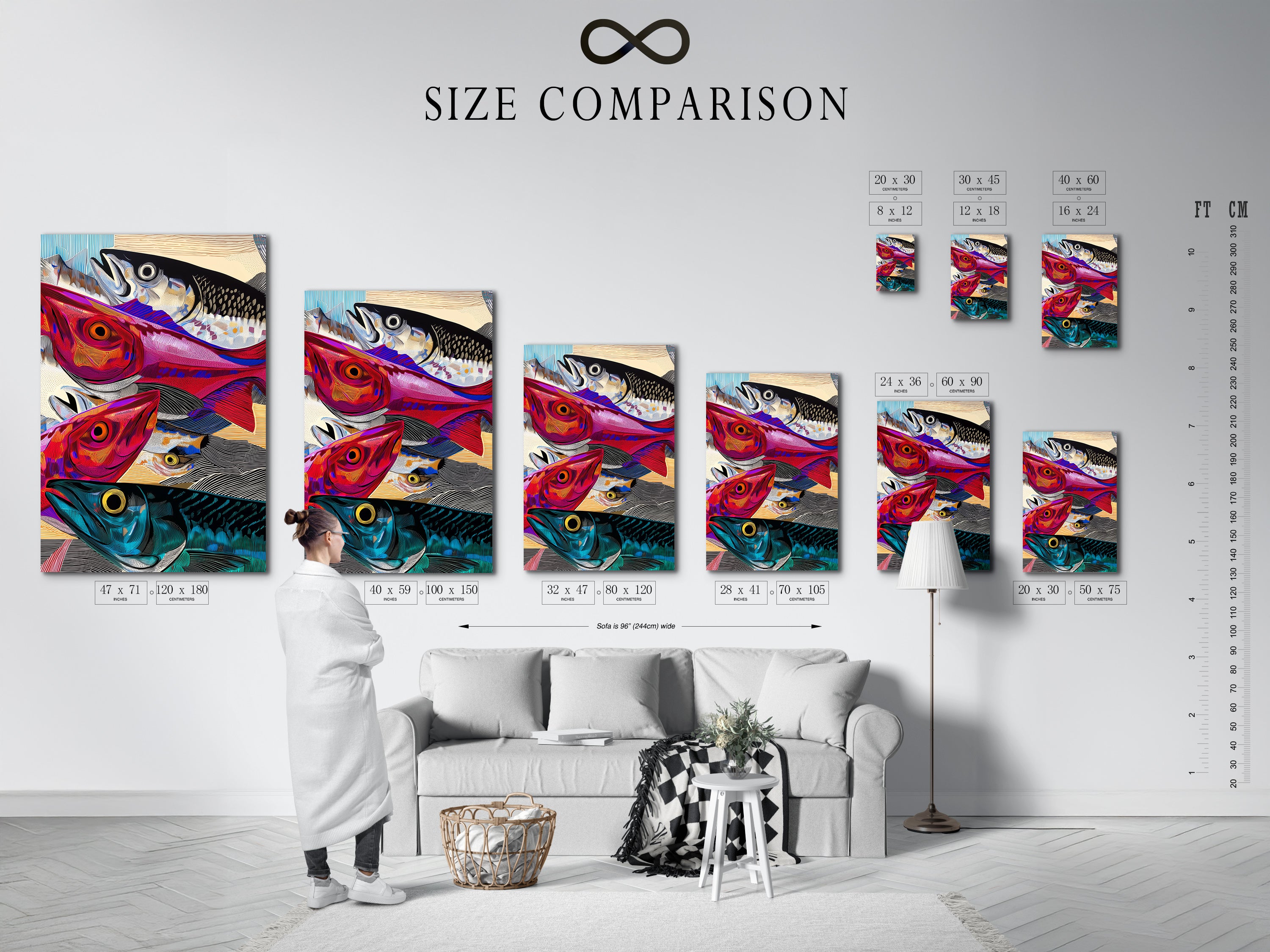 A size comparison chart is displayed in an interior setting. The chart helps visualize the artwork's impact on the wall. Choose the perfect size for your space. This colorful fish art is great for any room.