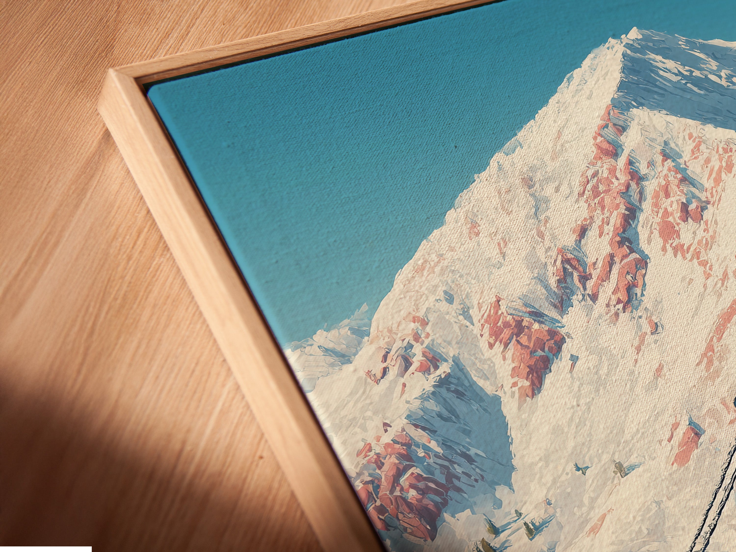 Angled close-up of a vintage ski lift canvas print in a floating frame. This alpine mountain cable car artwork is perfect for cabin wall decor. Enhance your space with retro winter sports art.