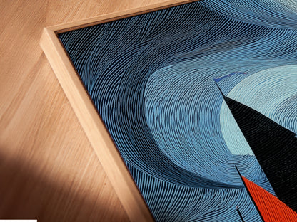 Close up angled view of a canvas print in a floating frame. The sailboat artwork features vibrant colors and abstract nautical theme. The floating frame adds a modern touch enhancing the art's depth and visual appeal as coastal wall art.