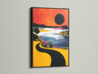 This modern art print showcases a sunset lake. The artwork is framed in sleek black. The dark frame adds contrast and sophistication. This canvas art is great for a modern office or living room.