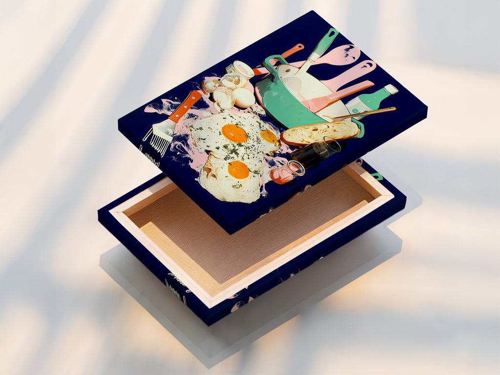 A stretched canvas print of Breakfast Still Life art. This kitchen artwork features eggs toast and utensils in a modern style. The colorful food canvas enhances dining decor. Perfect for adding a touch of art to your kitchen or cafe wall.