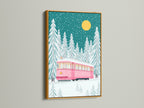 Festive winter tram artwork showcasing a pink train and snowy trees. The artwork is highlighted by a luxurious gold frame. This piece adds a warm glow to your seasonal decorations. It makes a wonderful Christmas present.