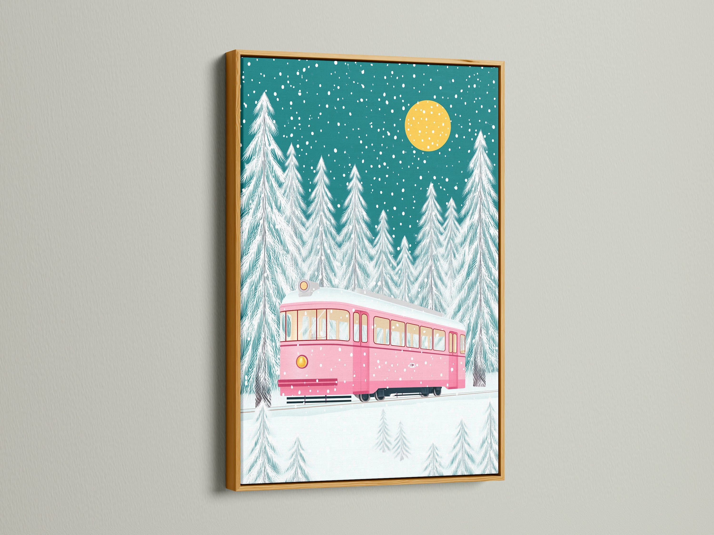 Festive winter tram artwork showcasing a pink train and snowy trees. The artwork is highlighted by a luxurious gold frame. This piece adds a warm glow to your seasonal decorations. It makes a wonderful Christmas present.