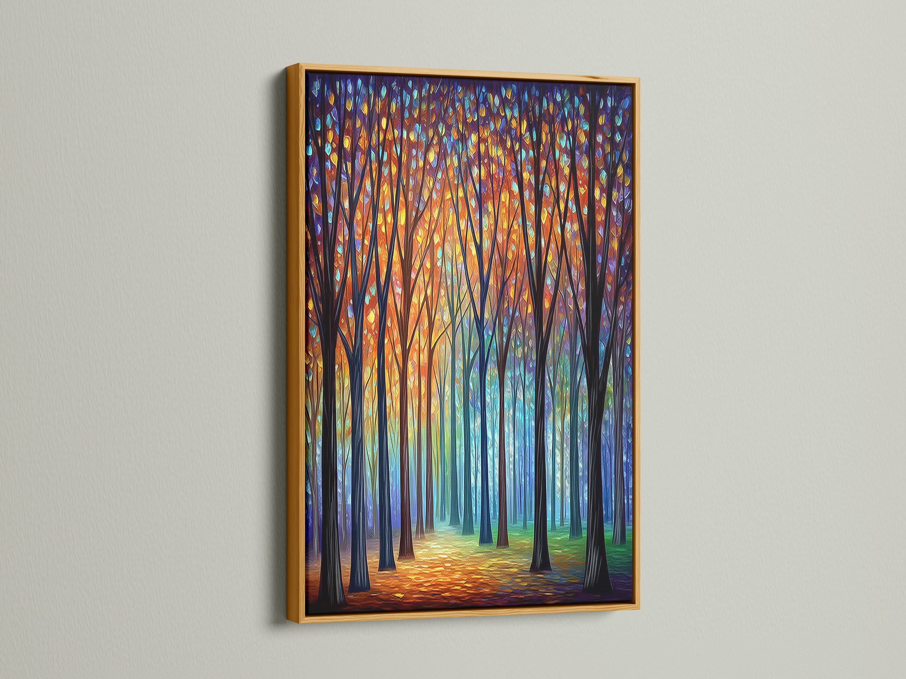 This modern nature artwork of abstract trees is presented in a gold frame. The colorful forest canvas print brings warmth and sophistication. It is a stunning addition to any living room or office space.