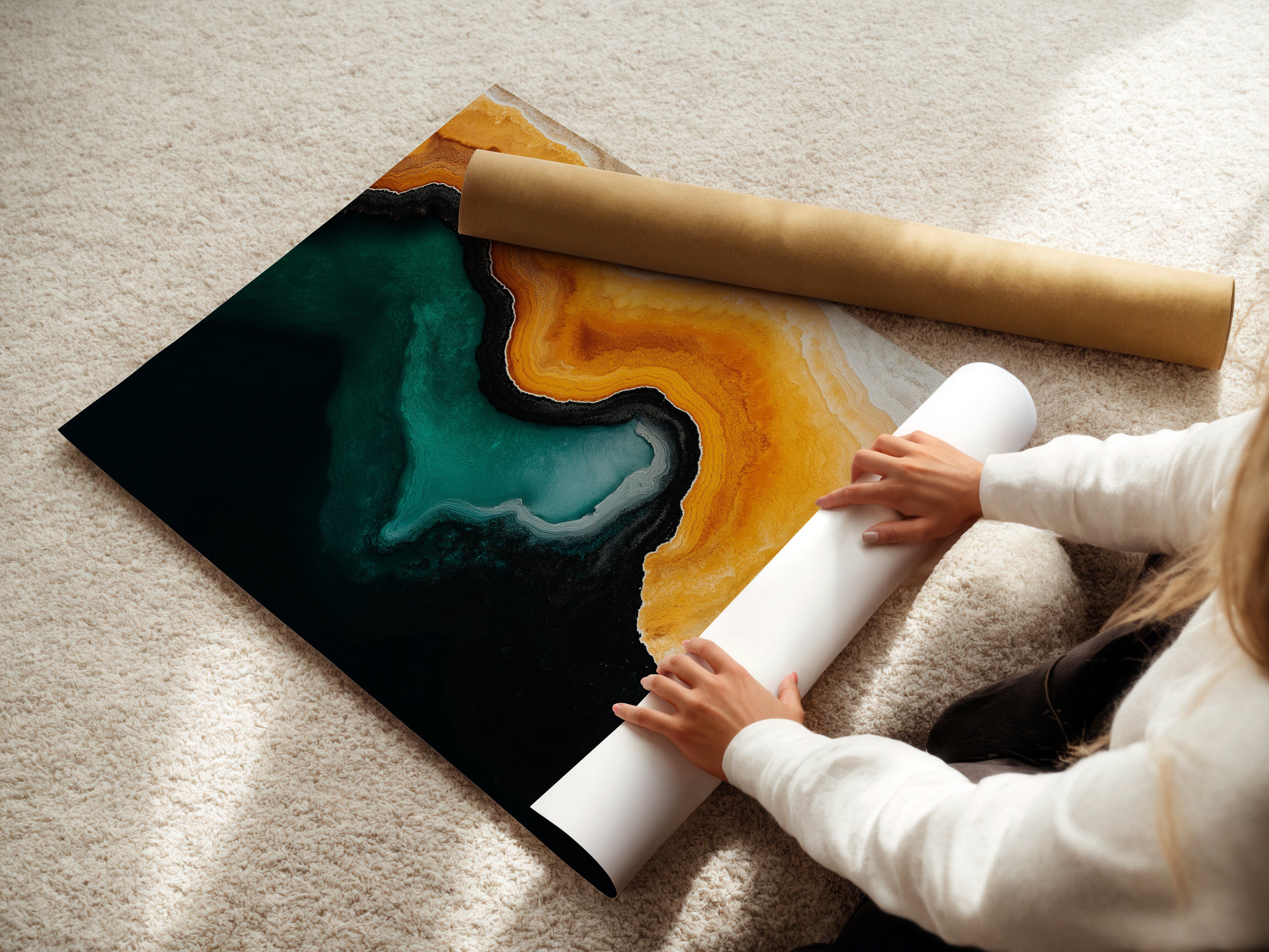 A woman is carefully rolling a fine art poster. The poster features an abstract emerald green and gold pattern. High-quality paper ensures vibrant colors. This fine art poster delivers a professional finish. Perfect for framing and displaying.