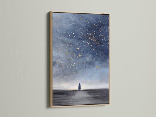 A celestial night sky artwork framed in oak. The starry universe art adds a touch of sophistication. Ideal for minimalist and modern interiors. Discover how this oak frame complements cosmic wall decor.