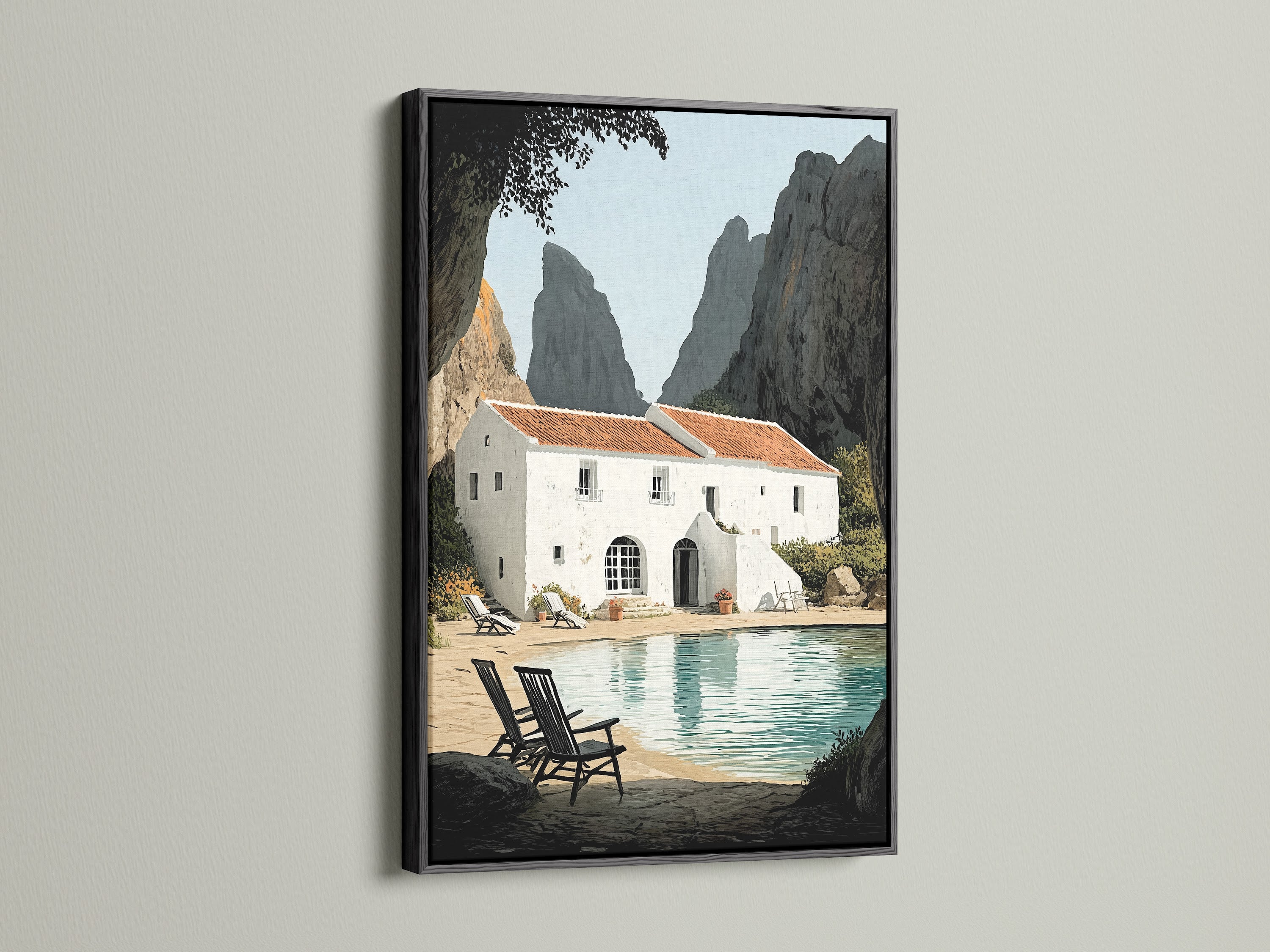 Framed coastal villa artwork with a black frame is displayed on a white wall. The frame adds a bold contrast to the Italian villa artwork. Ideal for modern minimalist spaces. Perfect for living rooms bedrooms and boutique hotels. Enhance your space today.