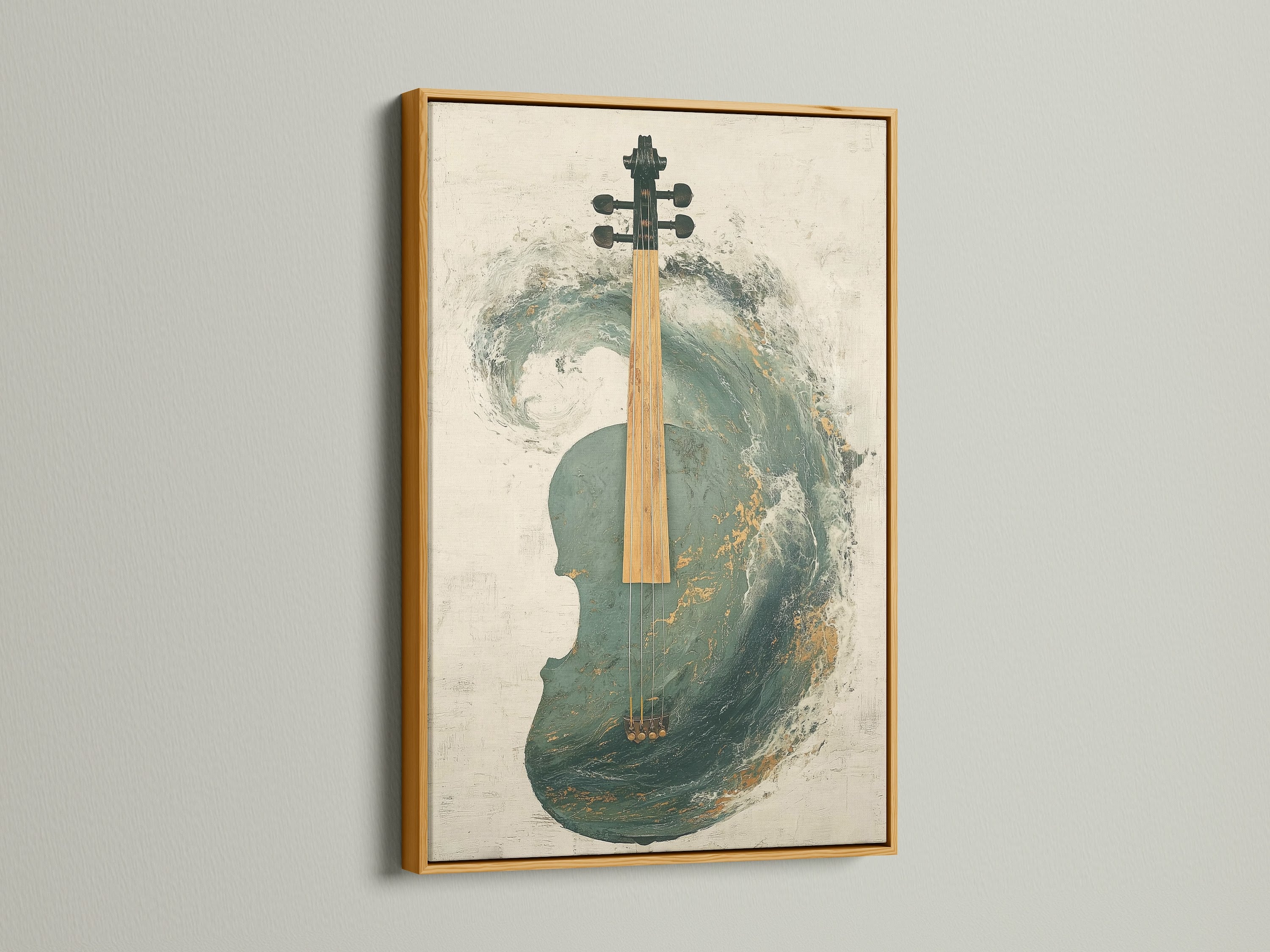 Abstract Violin Artwork with a gold frame. This teal and gold musical wall art exudes luxury and sophistication. The gold frame enhances the artwork's rich colors and textures. Perfect for adding a touch of glamour to your living room bedroom or music room decor.