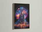 Gothic Cathedral art. It features cosmic wall art and fantasy castle print. The artwork is framed in a light oak frame. Mystical architecture for gothic home decor or fantasy wall art.