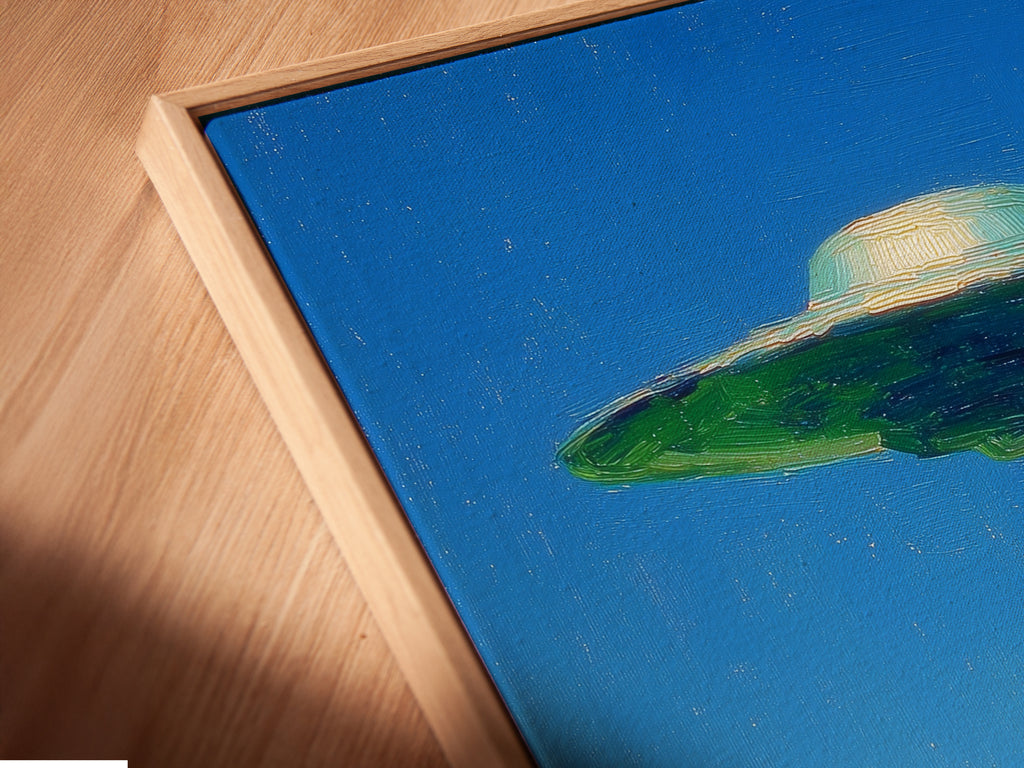 Close-up of a canvas print in a floating frame. The UFO artwork seems to float off the wall. This offers a modern gallery-like presentation. The floating frame enhances the surreal landscape. It is ideal for showcasing your new sci fi art canvas.
