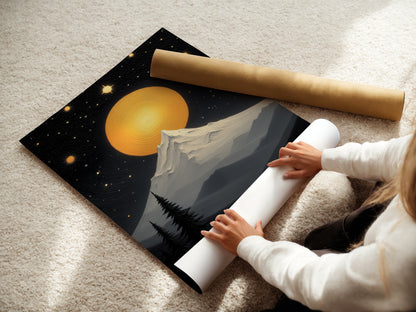 A woman carefully rolls a fine art poster paper featuring celestial artwork. This mountain moon art will soon become stunning wall decor. Ideal for modern interiors. Perfect for adding a cosmic touch to bedrooms and living rooms.