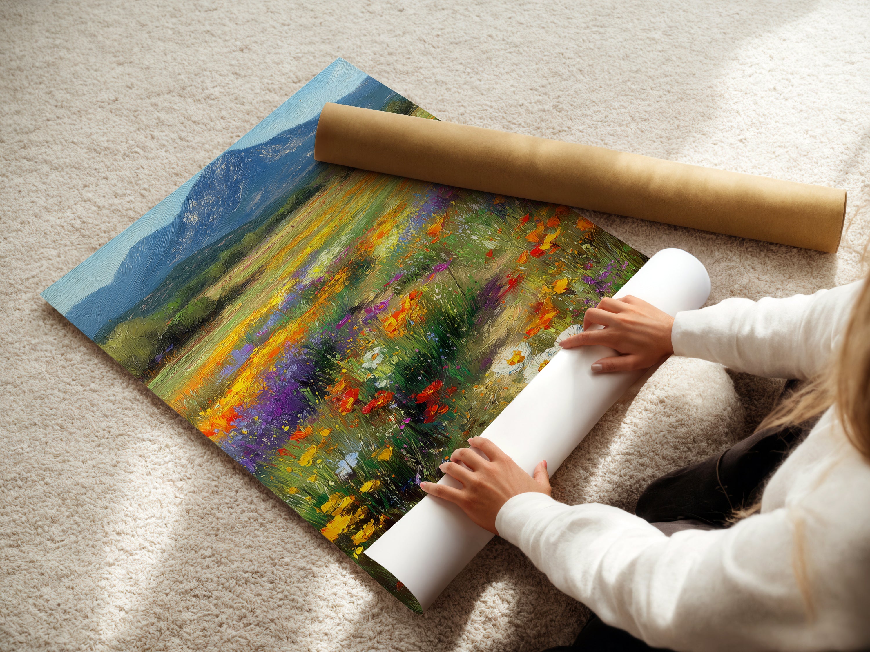 A woman carefully rolling a fine art poster paper print. The wildflower meadow artwork is ready for framing. This botanical print captures a serene mountain landscape. Perfect for art enthusiasts.