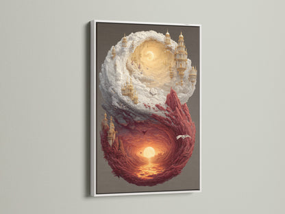 This is a framed art print with a white frame. The artwork has floating castles in the clouds and a fiery sunset. The white frame provides a clean and modern aesthetic. It enhances the artwork's visual impact in any setting.