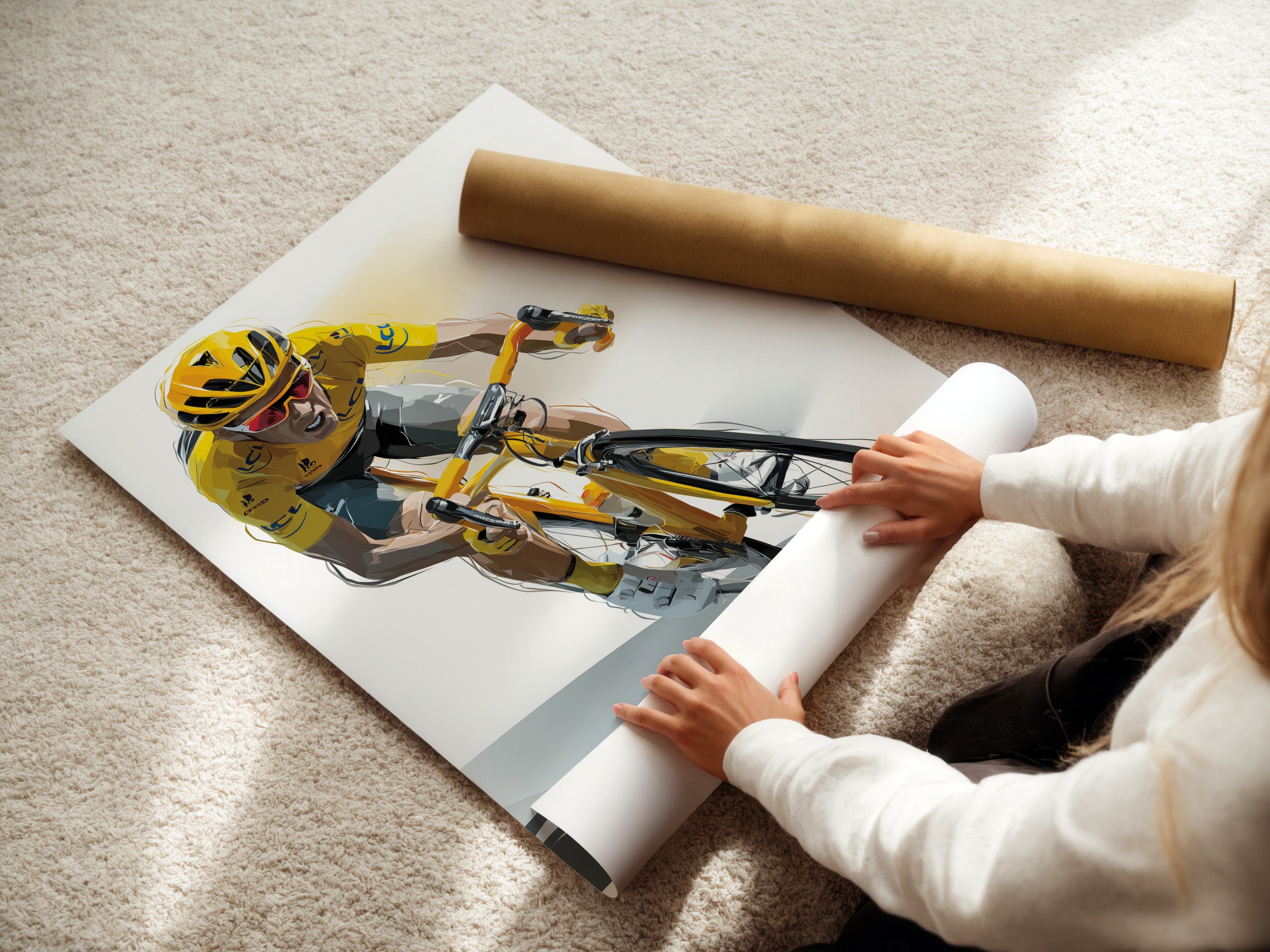 A woman is carefully rolling a fine art poster paper. She is preserving the quality of the artwork. High-quality materials ensure longevity. Explore our range of fine art paper. Get professional results.