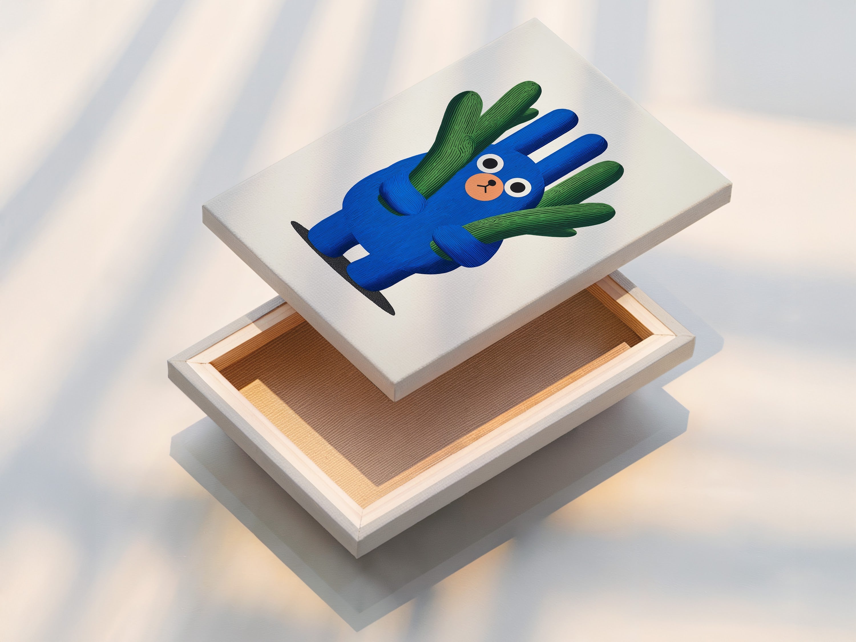 A stretched canvas print features a cute cactus artwork. The blue green nursery wall art is ready to hang. It is perfect for kids room decor. This whimsical plant canvas adds a modern touch to any children's space. It's a great choice for playroom art.