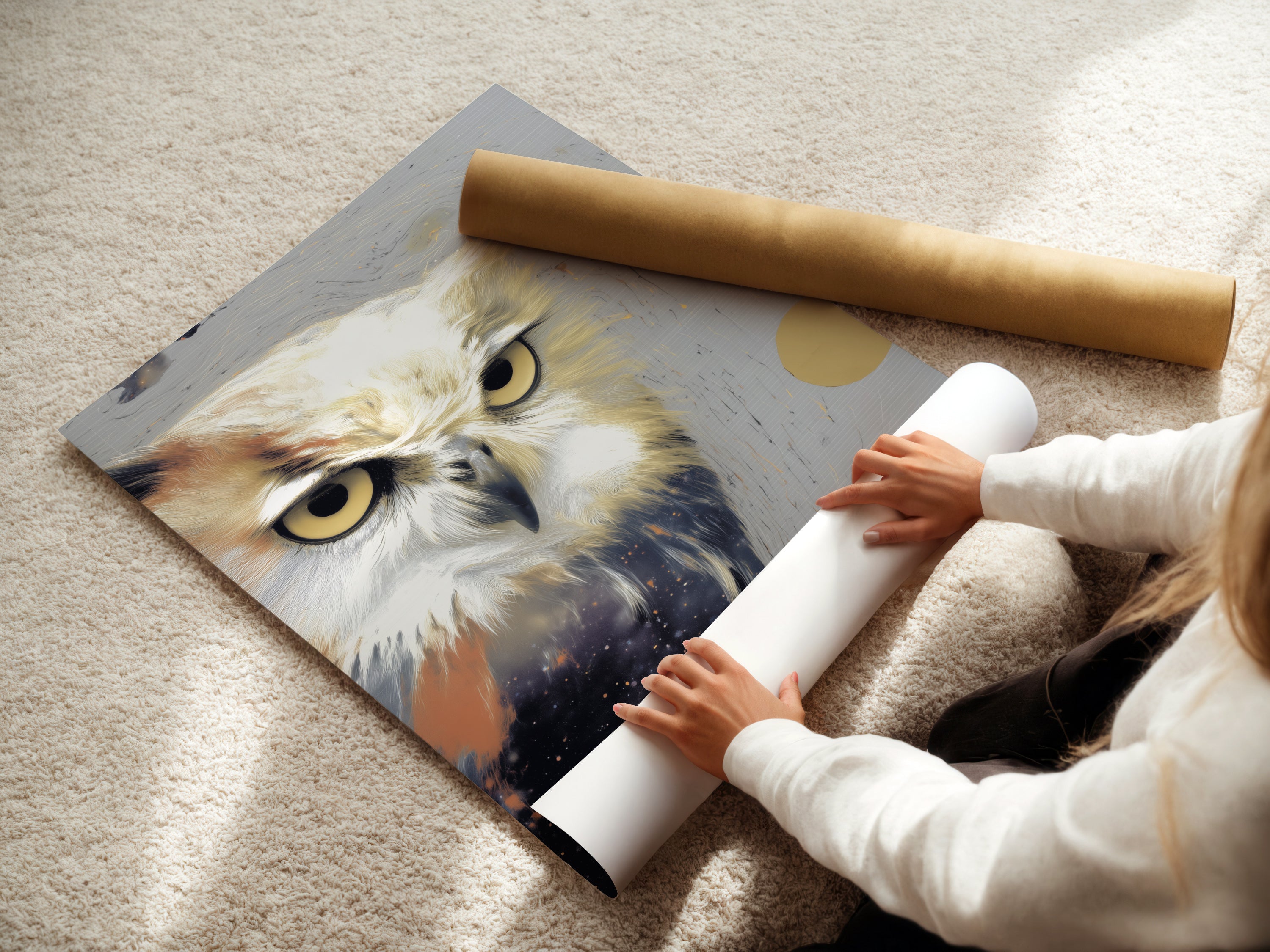 A woman carefully rolls a fine art poster paper featuring an owl artwork print. The modern wildlife canvas art is being prepared for display. The contemporary bird artwork will soon enhance a space with its unique charm. This fine art poster is perfect for any art lover.