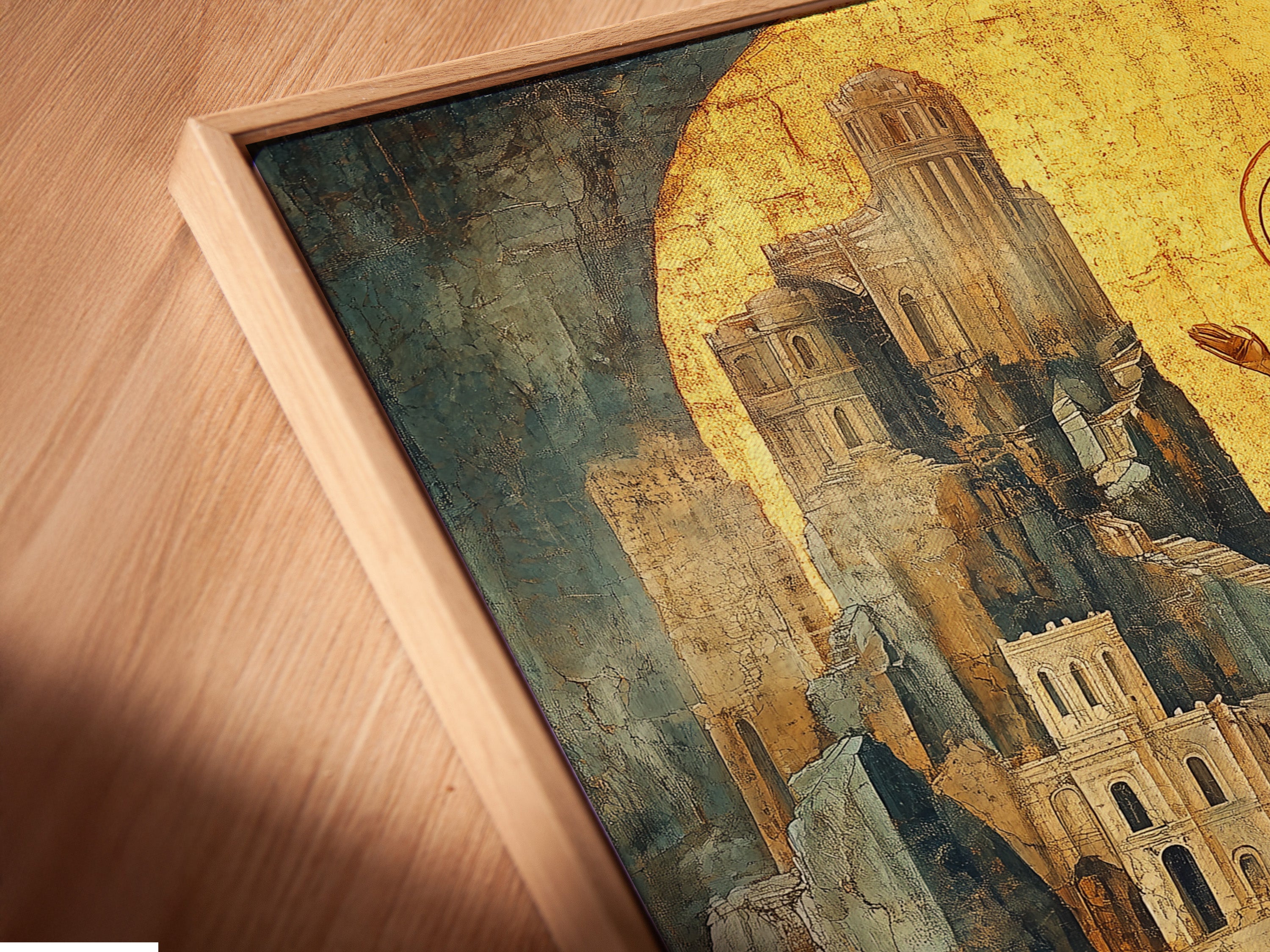 A close-up angled view of a canvas print in a floating frame. The Byzantine Angel Art Print is ready to hang. This religious artwork adds a touch of elegance. Perfect for devotees and collectors. See our spiritual wall art today.