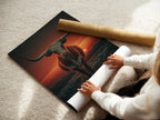 A woman carefully rolling a fine art poster paper print of a longhorn bull. This western artwork features a stunning sunset. The fine art paper ensures high-quality reproduction. Ideal for those who appreciate detailed animal photography. Get your rustic artwork today.