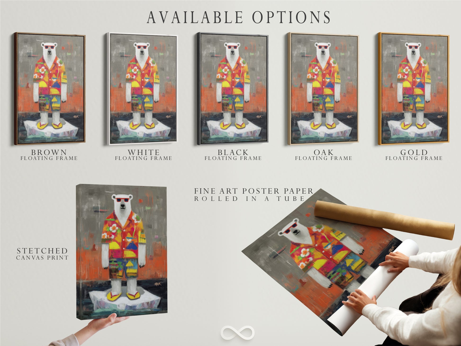 Explore the available options for this cool polar bear artwork. Choose from a stretched canvas print a fine art poster paper or a floating frame. The artwork features a quirky animal in a tropical shirt. Perfect for any space.