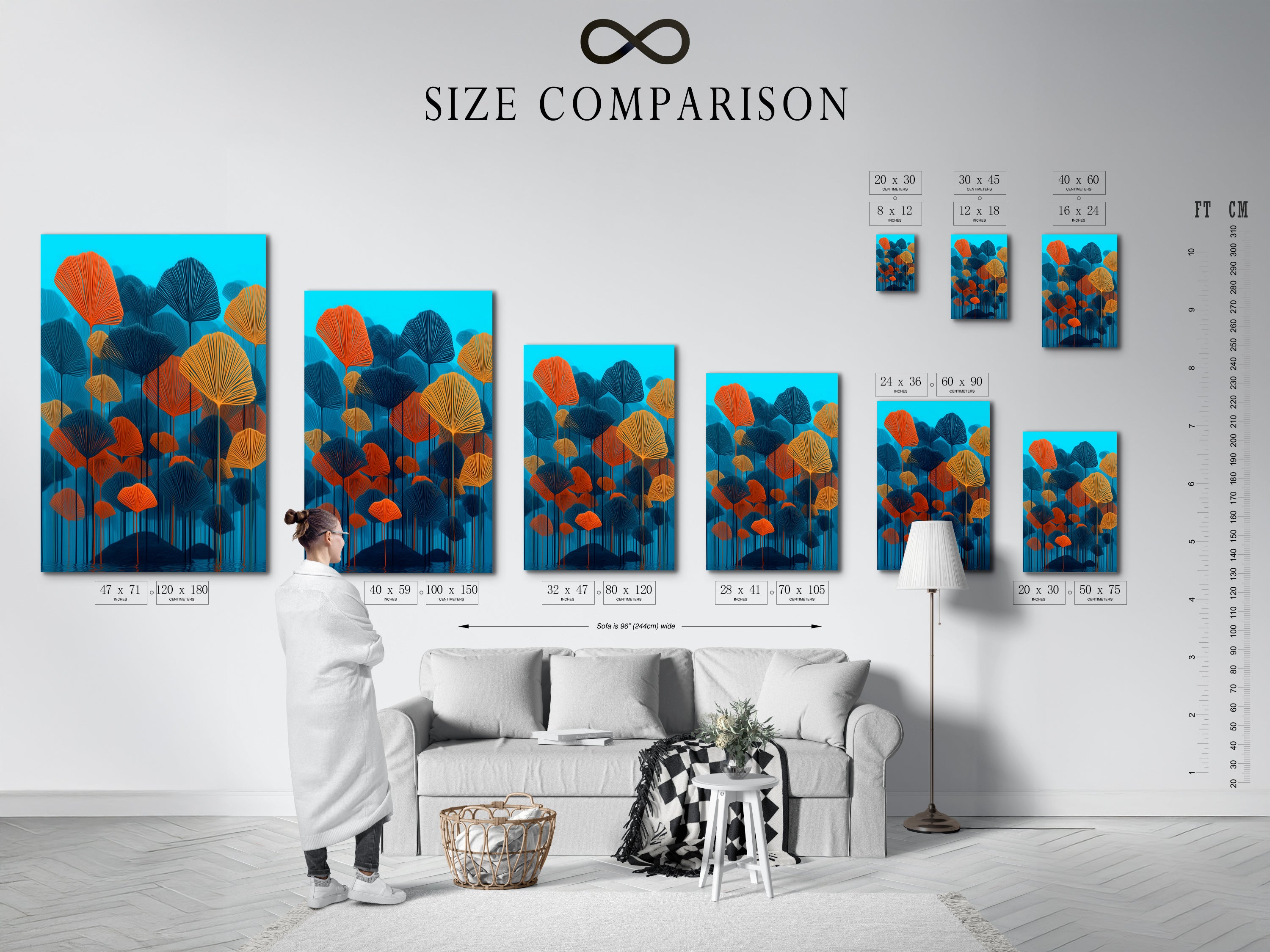 A size comparison chart in an interior setting helps visualize the impact of different artwork dimensions. The botanical canvas print in teal and orange can transform living rooms bedrooms and offices. Find the perfect fit for your space.