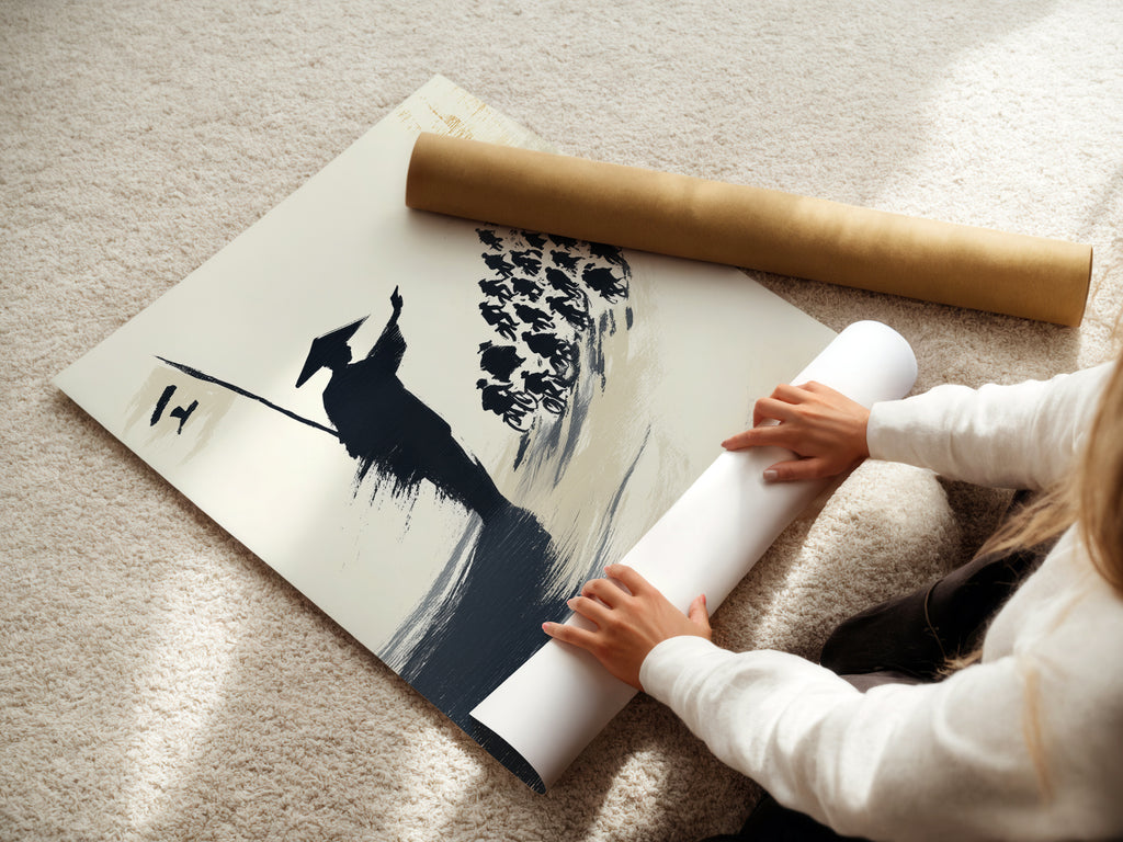 A woman rolls a fine art poster paper. The paper features samurai artwork. This Japanese print is ready for framing. The warrior canvas showcases asian art. It is ideal for modern wall art and home decor.