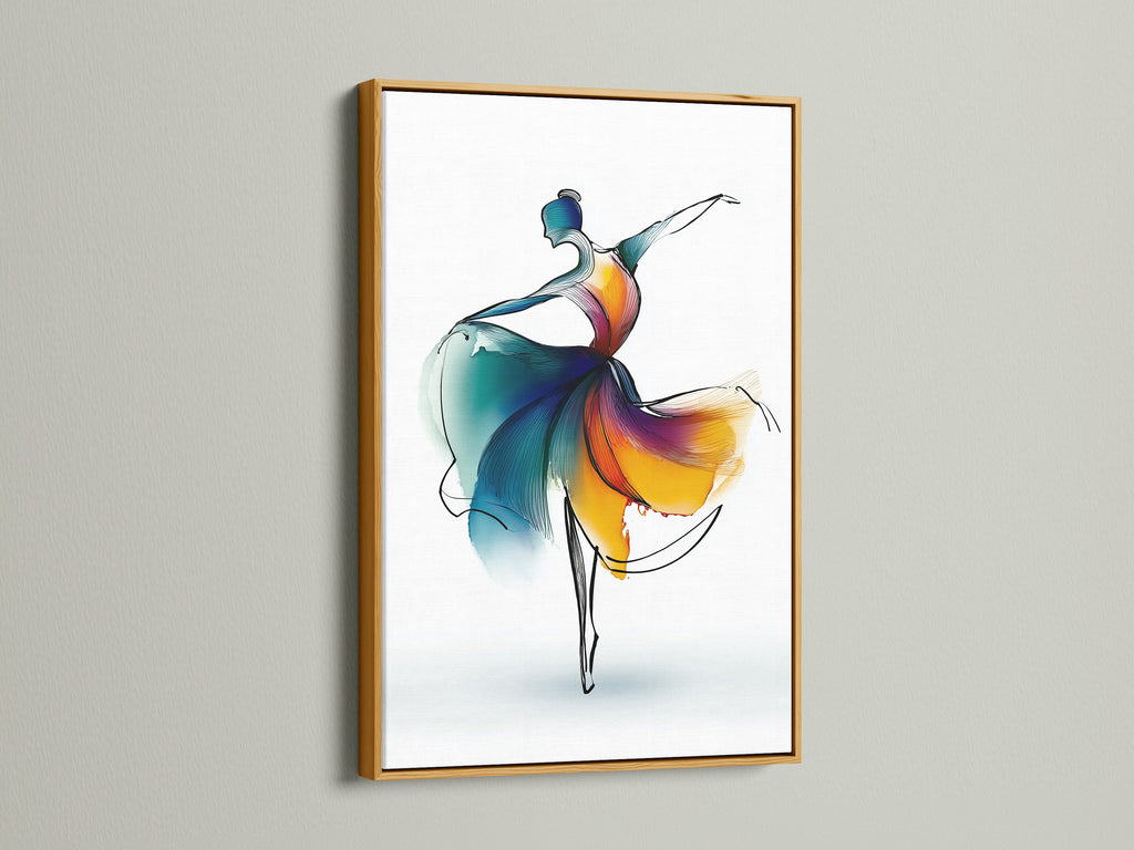 A gold frame showcases the elegant ballet dancer artwork. The abstract watercolor print uses a blend of blue and orange. Enhance your dance studio or living room with this modern wall art. Perfect for those seeking refined artwork.