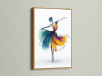 A gold frame showcases the elegant ballet dancer artwork. The abstract watercolor print uses a blend of blue and orange. Enhance your dance studio or living room with this modern wall art. Perfect for those seeking refined artwork.