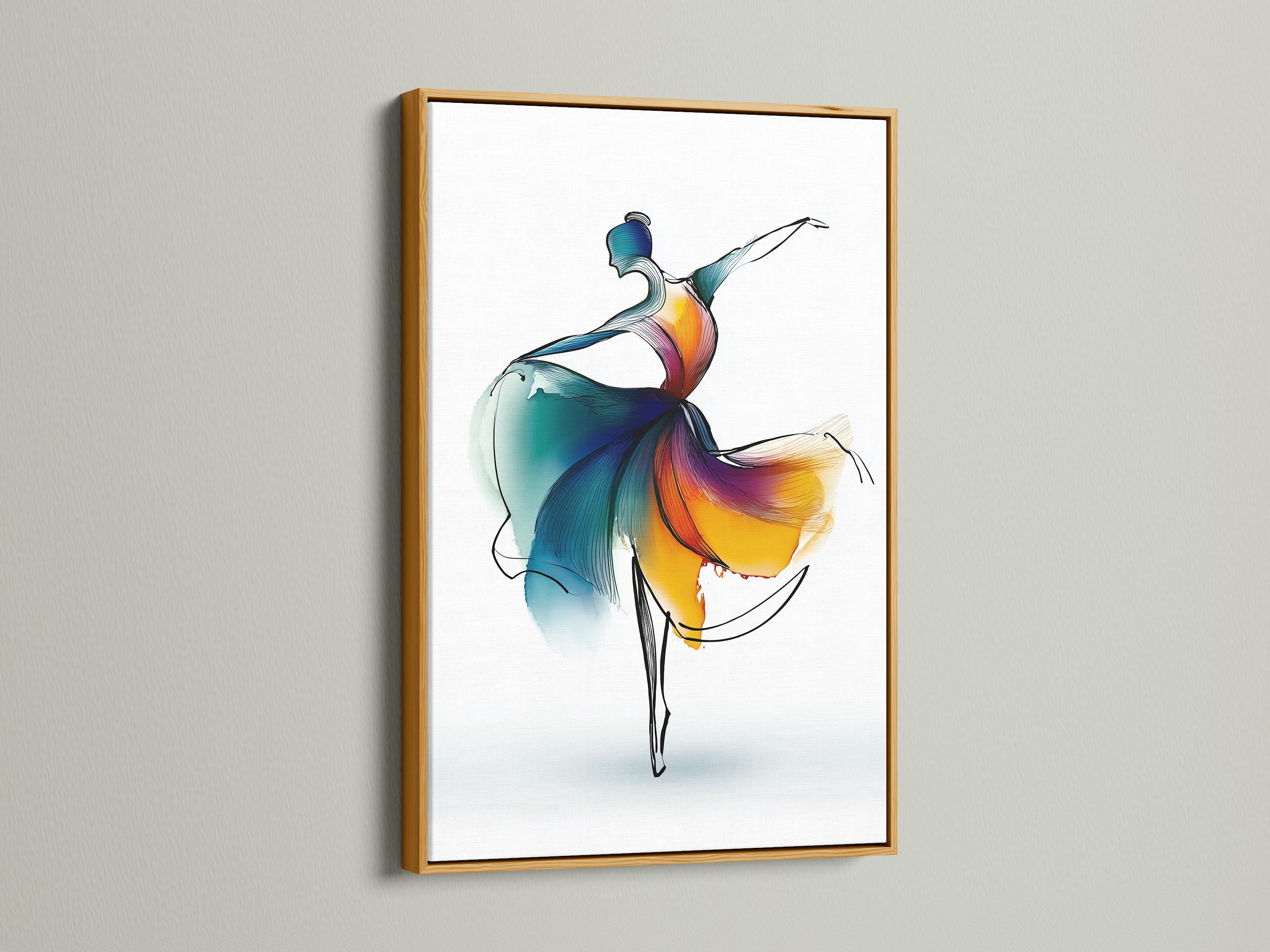 A gold frame showcases the elegant ballet dancer artwork. The abstract watercolor print uses a blend of blue and orange. Enhance your dance studio or living room with this modern wall art. Perfect for those seeking refined artwork.