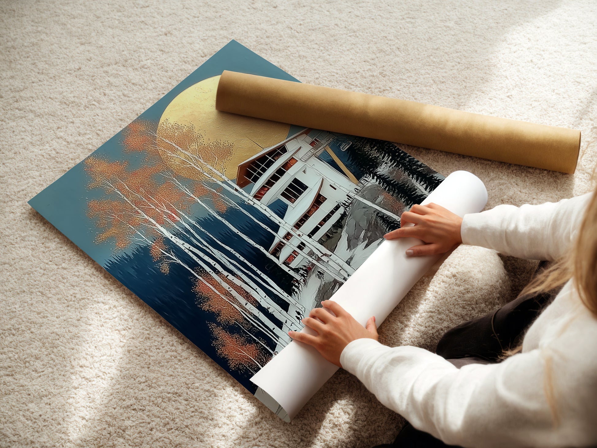A woman is carefully rolling a fine art poster paper featuring a winter ski lodge. The poster captures a snowy mountain scene. Perfect for adding alpine charm to any space. This fine art print is ideal for wall decor. Enhance your ski lodge or cabin with this artwork.