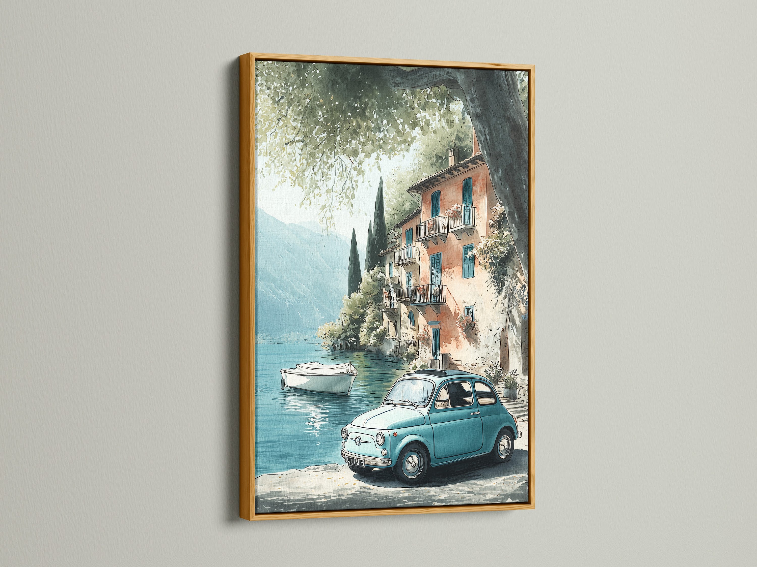 Stampa artistica vintage della costa italiana - Scena di lago mediterraneo, decorazione murale di auto d'epoca, poster di viaggio retrò, arte di un villaggio europeo
