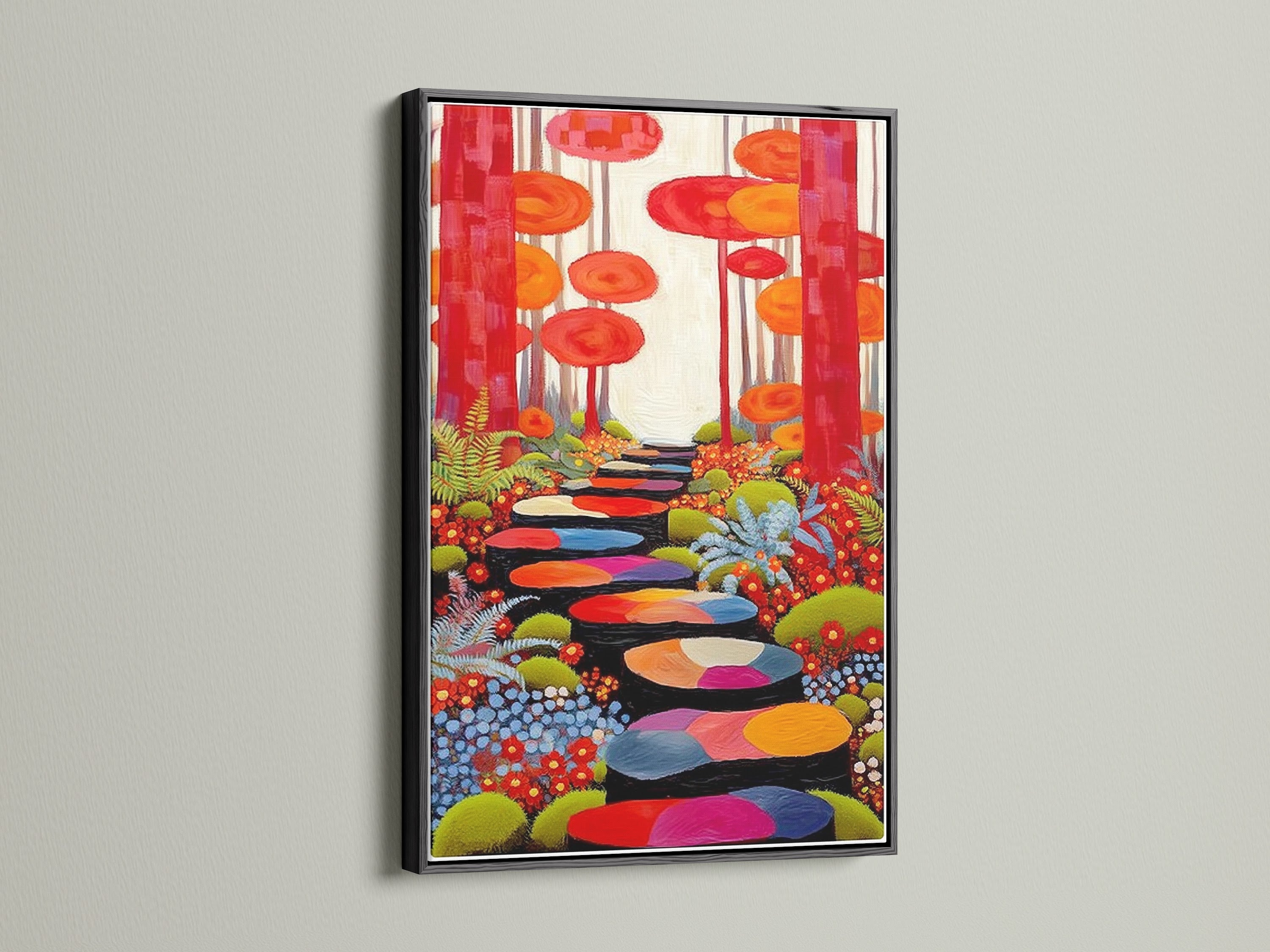 View the Enchanted Forest canvas print in a black frame. The black frame adds a touch of sophistication. The colorful wall art is perfect for a contemporary space. The whimsical art stands out against the dark frame. A black frame is ideal for modern and maximalist interiors. Enhance your home decor with this striking piece.