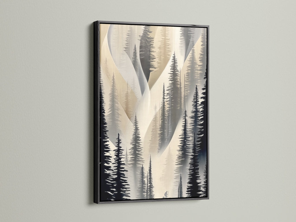 Abstract pine tree artwork is presented in a black frame. This combination offers a bold and contemporary aesthetic. The black frame enhances the neutral color artwork. Perfect for creating a focal point in your hallway. The forest canvas print gains depth with the black frame. This pairing suits modern and minimalist interiors.