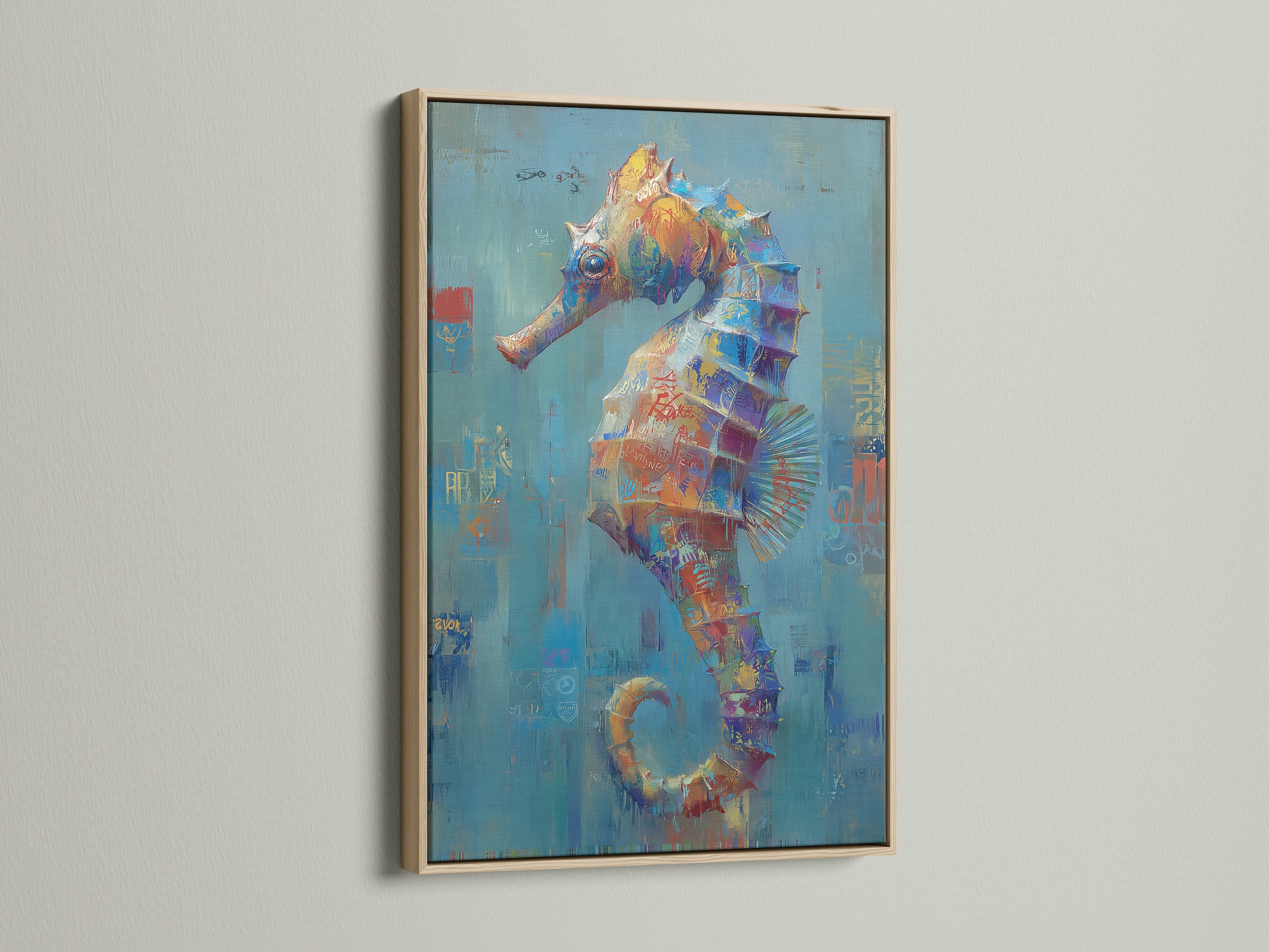 Seahorse abstract art print displayed in an oak frame. This ocean canvas print adds a nautical touch to any space. The marine art print is ideal for coastal wall decor bringing sea life indoors.