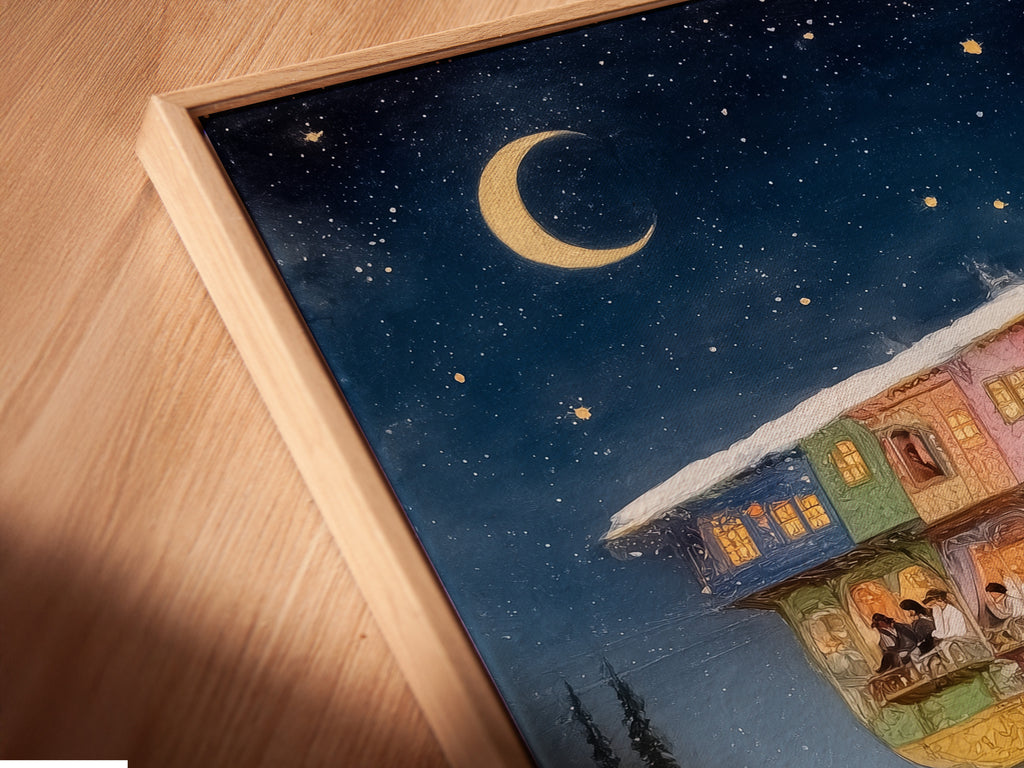 Get a close-up view of this canvas print in a floating frame. The whimsical winter fantasy artwork features a fantasy house and a starry night. The floating frame gives the artwork a modern and sophisticated look. Ideal for elevating your home decor with a touch of magic. Perfect for creating a cozy and inviting space.