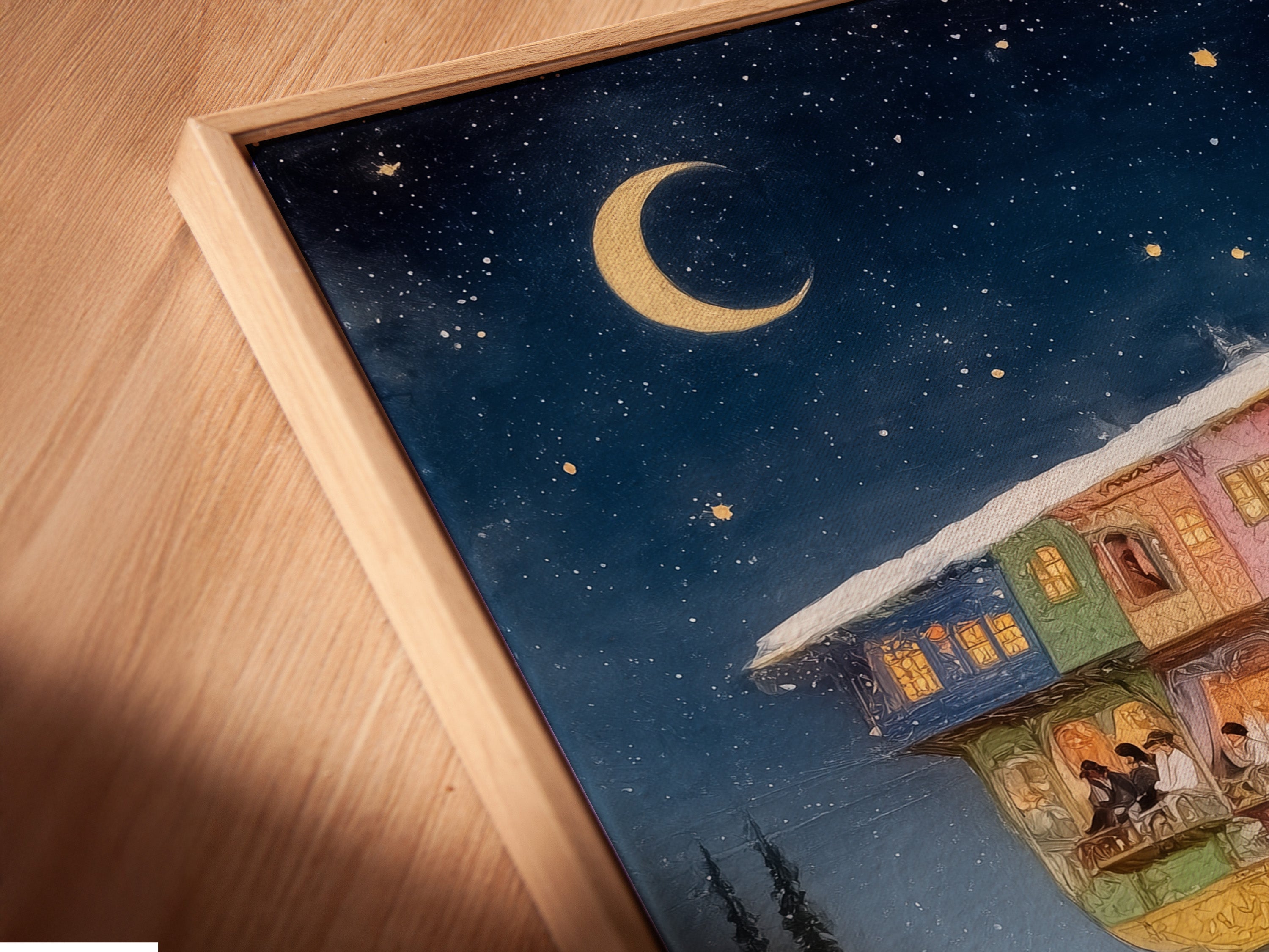 Get a close-up view of this canvas print in a floating frame. The whimsical winter fantasy artwork features a fantasy house and a starry night. The floating frame gives the artwork a modern and sophisticated look. Ideal for elevating your home decor with a touch of magic. Perfect for creating a cozy and inviting space.