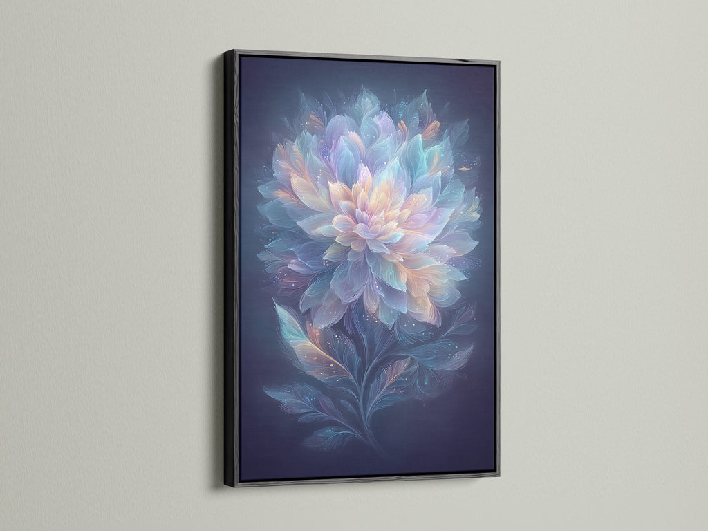 A black frame elegantly holds ethereal flower artwork. This botanical artwork with pastel blue and pink tones creates a dreamy look. This wall art complements contemporary styles. It is perfect for office or bedroom decor.