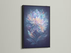 A black frame elegantly holds ethereal flower artwork. This botanical artwork with pastel blue and pink tones creates a dreamy look. This wall art complements contemporary styles. It is perfect for office or bedroom decor.