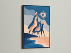 Modern abstract horse art in a black frame. The artwork features a blue terracotta canvas print. This boho equestrian wall art is a stunning addition to any space. It's perfect for living rooms bedrooms or creative workspaces. This piece is a horse lover gift