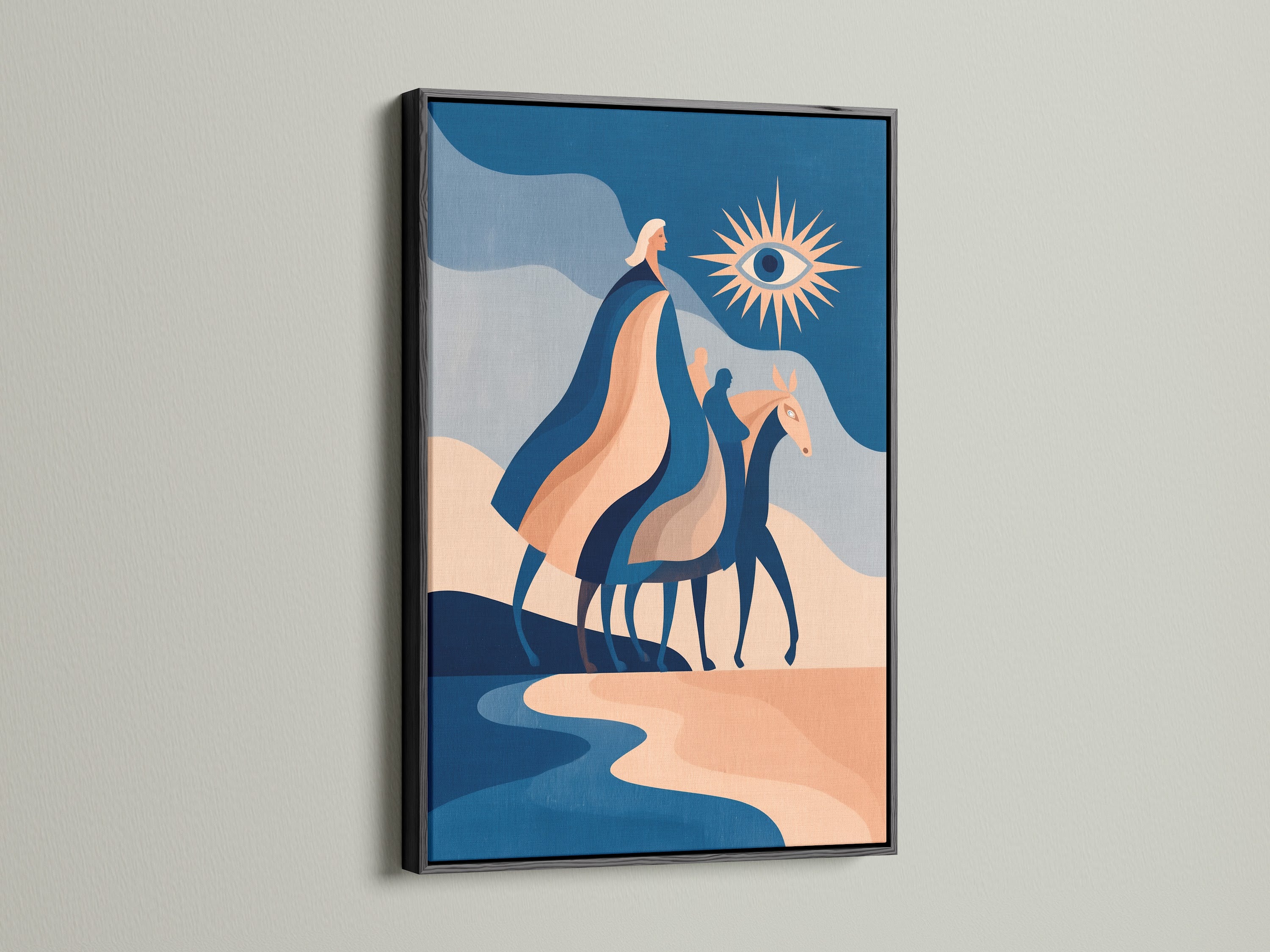 Modern abstract horse art in a black frame. The artwork features a blue terracotta canvas print. This boho equestrian wall art is a stunning addition to any space. It's perfect for living rooms bedrooms or creative workspaces. This piece is a horse lover gift