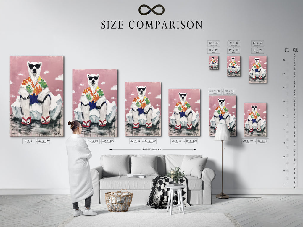 Size comparison chart featuring a cool polar bear canvas in interior. This funny animal print is available in various sizes. Find the perfect fit for your space. Tropical wall art for any room.