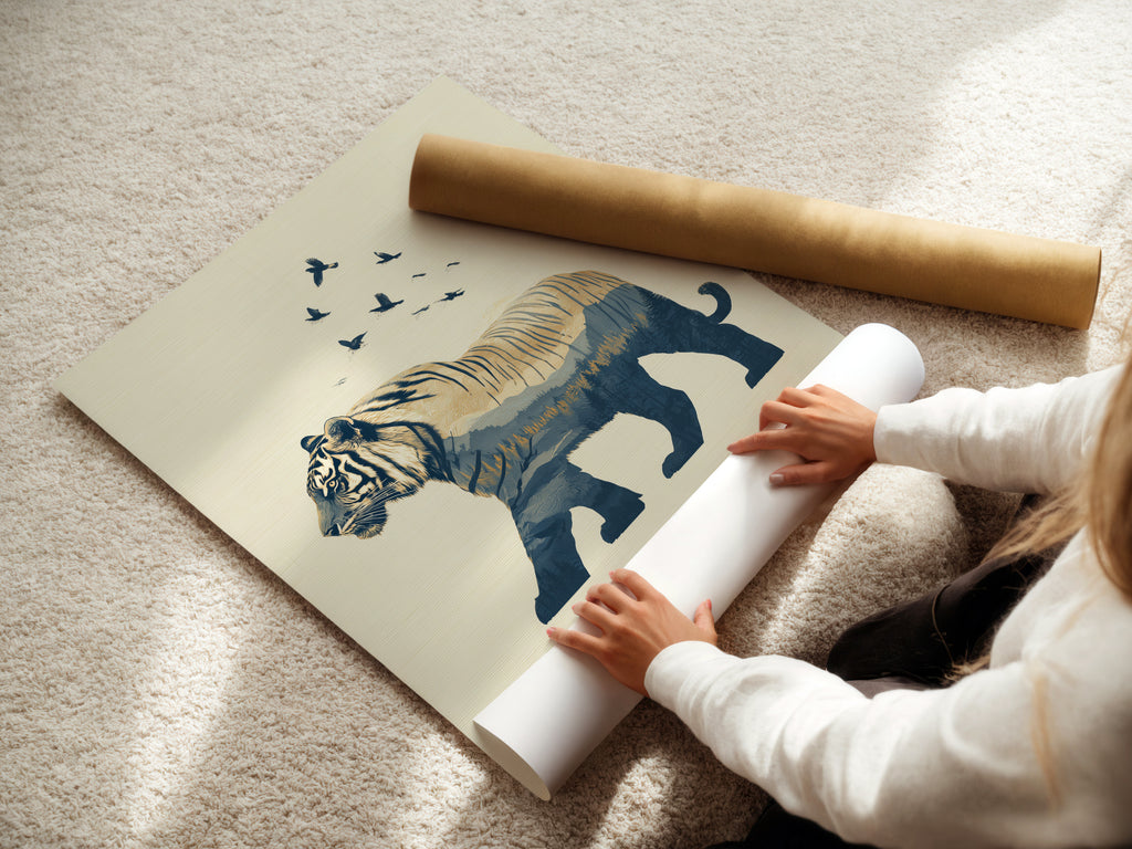 A woman carefully rolls a fine art poster paper. Preparing a blue tiger artwork print. High-quality materials ensure vibrant colors. Perfect for creating stunning minimalist animal art. This wildlife silhouette art is ready to enhance your home decor. Ideal for art enthusiasts.