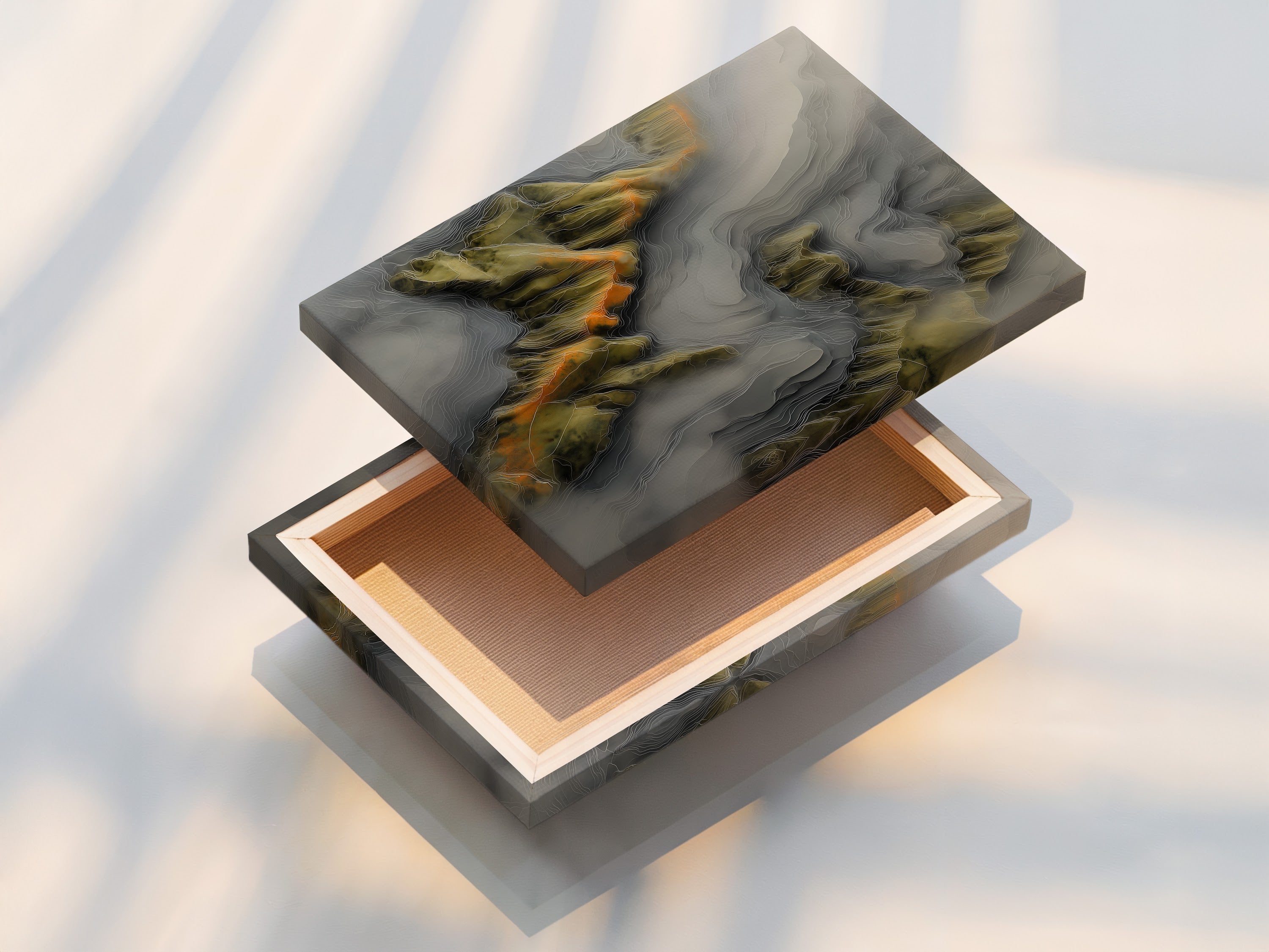 Stretched canvas print. The artwork features a topographical map. The canvas is stretched tightly over a frame. This provides a gallery wrapped look. This presentation is ready to hang. It offers a professional. It gives a polished display.