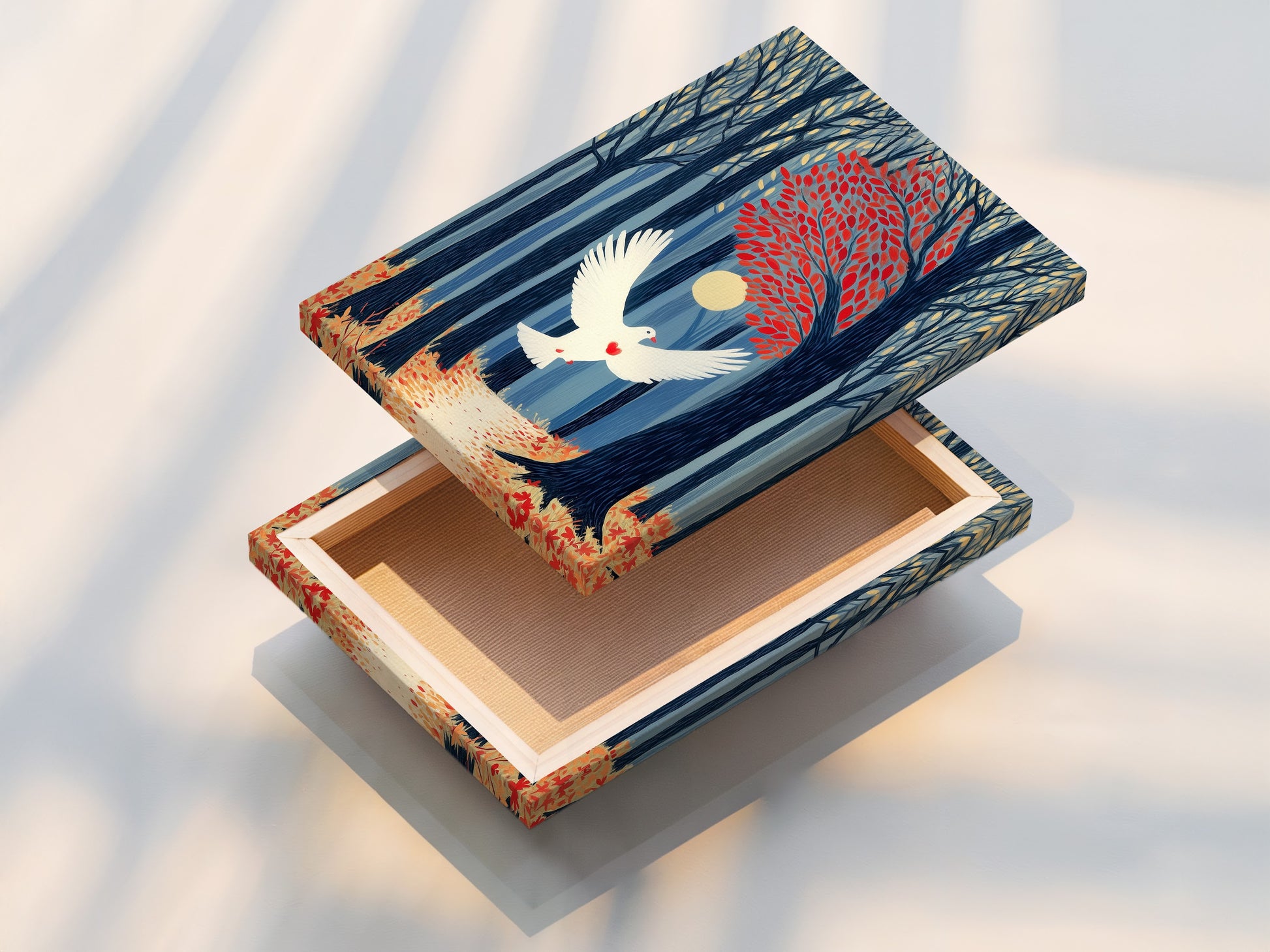 A stretched canvas print featuring the Dove in Forest artwork. The canvas showcases a peaceful dove scene. This modern wall decor is ready to hang. It brings a touch of nature to any space. Perfect for living rooms and bedrooms.