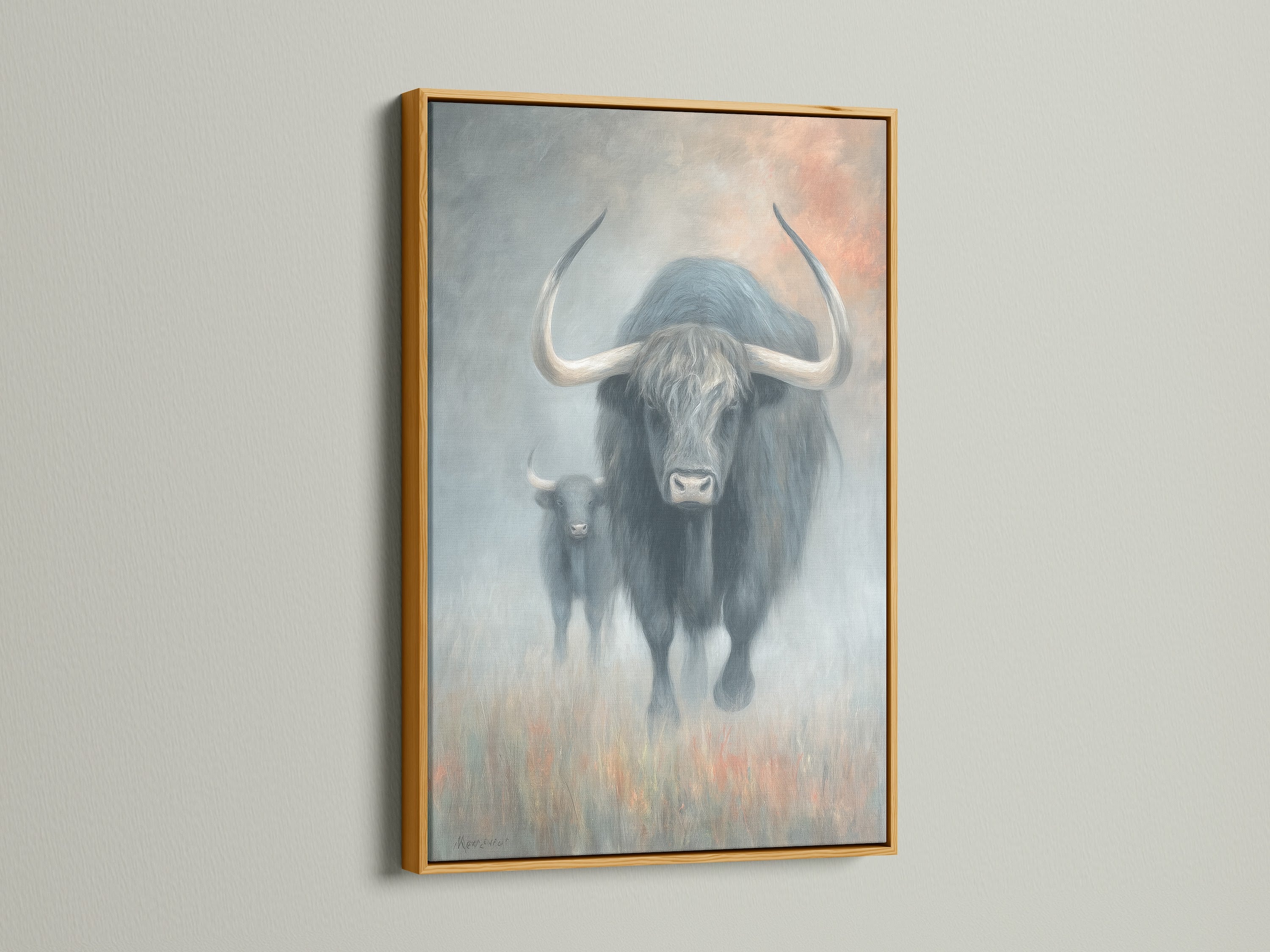 Yak Canvas Print with a gold frame. The artwork features a highland cattle wall art. Perfect for rustic farmhouse artwork. This piece enhances cabin wall decor. The gold frame adds a touch of elegance.
