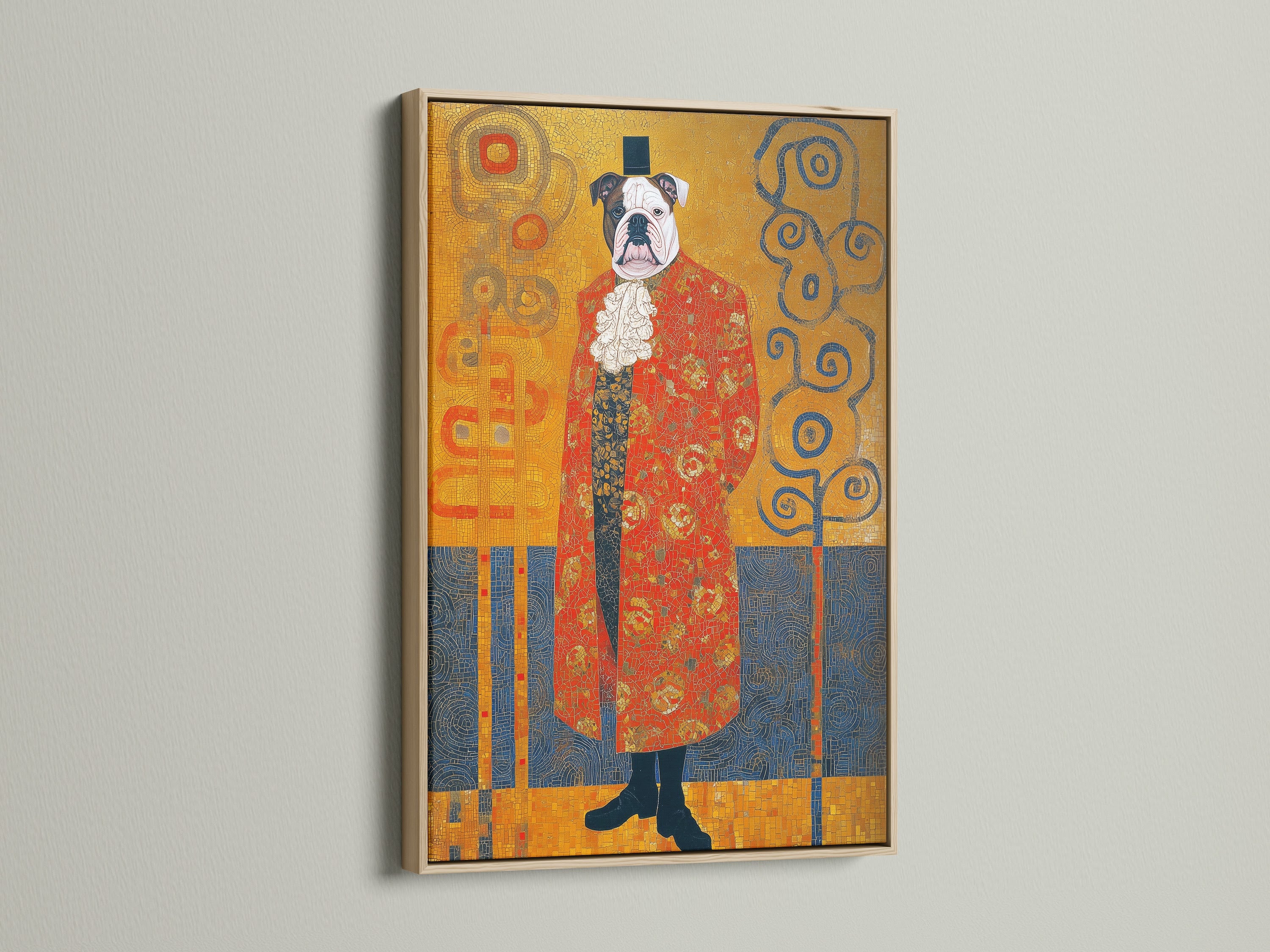 The Victorian Bulldog art print is displayed in an oak frame. This Klimt style dog portrait offers ornate animal wall art. Perfect for a study room. The oak frame enhances the vintage dog print. It is an aristocratic art piece. This provides a warm touch to your wall decor.