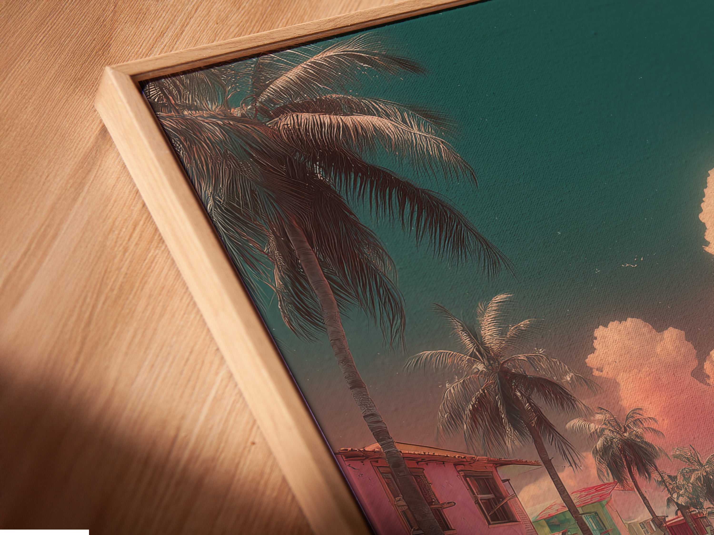 Close-up of a canvas print in a floating frame. The floating frame enhances the artwork with a modern touch. The canvas print adds texture and depth to the piece. Perfect for adding a contemporary touch to your home or office art collection.