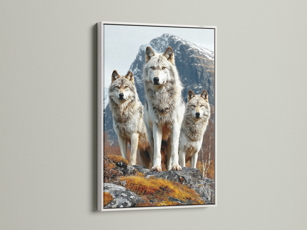 Showcasing a wolf pack canvas print in a white frame. The white frame enhances the wildlife animal artwork. It will brighten up any room. Perfect for creating a serene and natural atmosphere. Ideal for homeowners and renters seeking lodge-style wall art. Transform your living space with this nature print.